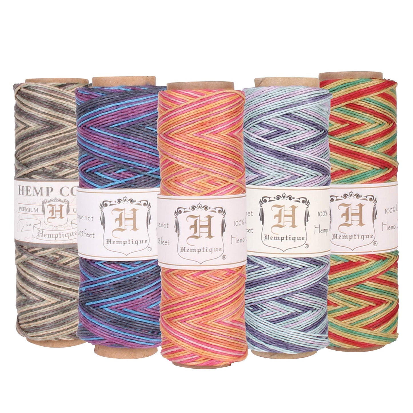 Hemptique 100% Natural Hemp Cord Spool Value Pack – 205ft ~ 62.5m X 5 - Hemp String - Biodegradable .5mm Cord Thread for Jewelry Making, Macramé, Scrapbooking, Greeting Cards & More – Sunset Pack