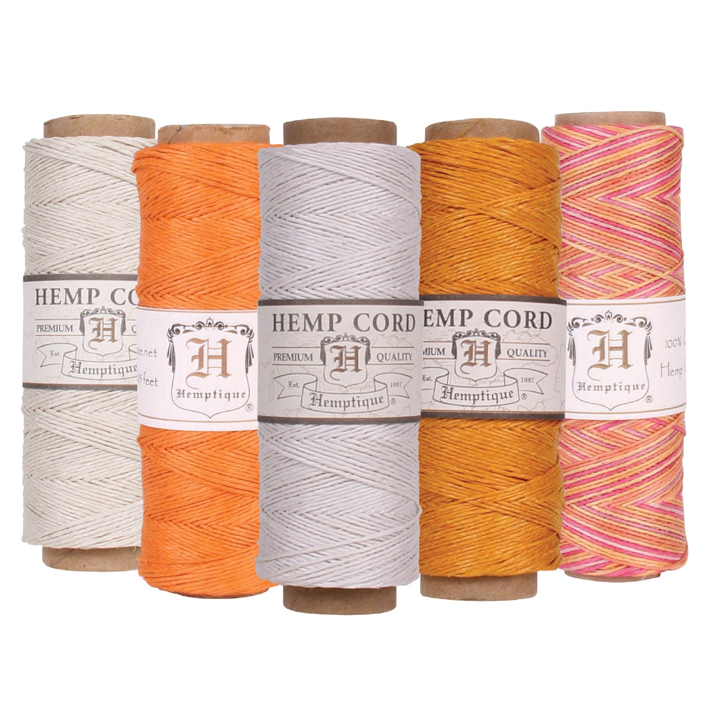 Hemptique 100% Natural Hemp Cord Spool Value Pack – 205ft ~ 62.5m X 5 - Hemp String - Biodegradable .5mm Cord Thread for Jewelry Making, Macramé, Scrapbooking, Greeting Cards & More – Sunset Pack